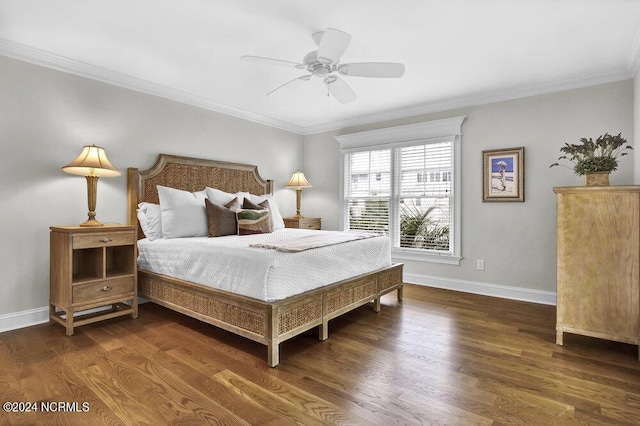 bedroom with ornamental molding, ceiling fan, baseboards, and wood finished floors