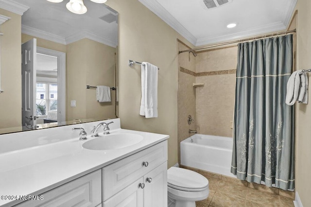 full bath with vanity, toilet, visible vents, and ornamental molding