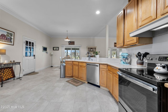 kitchen featuring under cabinet range hood, light countertops, a peninsula, stainless steel appliances, and a sink