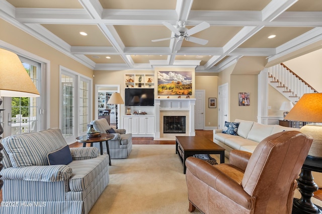 8904 Sound View Ct, Emerald Isle, NC 28594 - living room featuring ceiling fan, coffered ceiling, beam ceiling, and recessed lighting