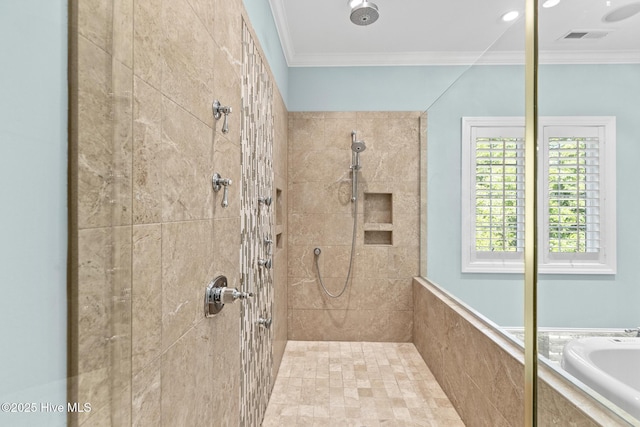 8904 Sound View Ct, Emerald Isle, NC 28594 - full bath with a garden tub, visible vents, ornamental molding, and tiled shower