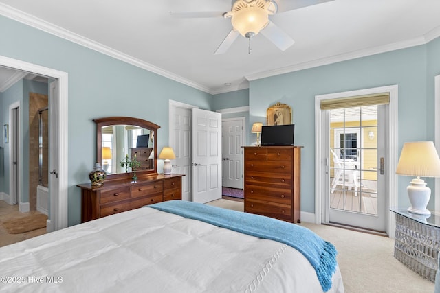 8904 Sound View Ct, Emerald Isle, NC 28594 - carpeted bedroom featuring access to exterior, a ceiling fan, ornamental molding, connected bathroom, and baseboards