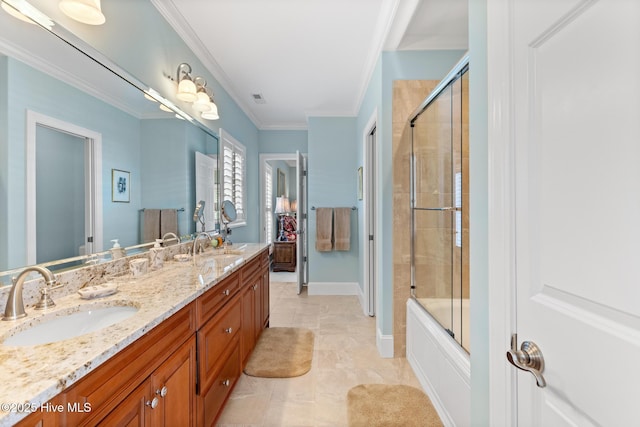 8904 Sound View Ct, Emerald Isle, NC 28594 - full bathroom featuring crown molding, a sink, double vanity, and visible vents