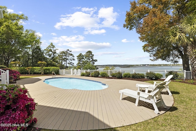 8904 Sound View Ct, Emerald Isle, NC 28594 - view of pool featuring a deck with water view, a fenced in pool, and fence