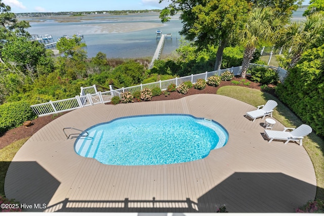 8904 Sound View Ct, Emerald Isle, NC 28594 - view of pool with a fenced backyard, a fenced in pool, and a deck with water view