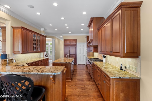 8904 Sound View Ct, Emerald Isle, NC 28594 - kitchen with a sink, a peninsula, light stone countertops, dark wood-type flooring, and recessed lighting