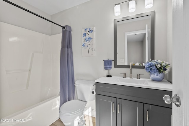 full bathroom with toilet, vanity, and shower / bath combination with curtain