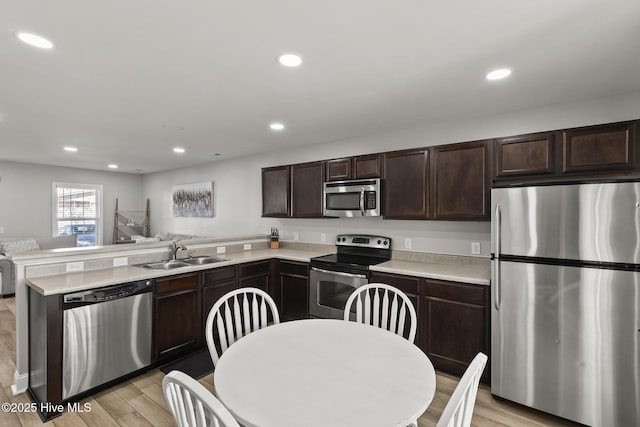 kitchen with a peninsula, a sink, stainless steel appliances, dark brown cabinetry, and open floor plan