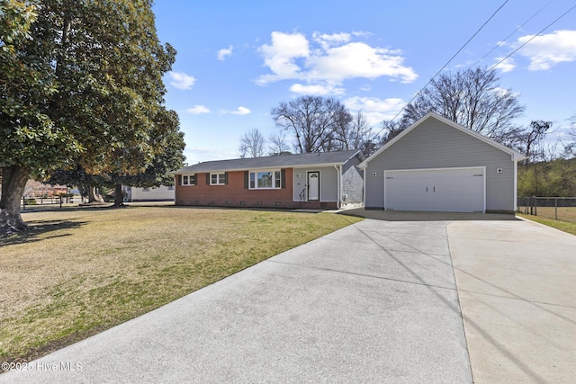 single story home with a front yard, fence, driveway, crawl space, and brick siding