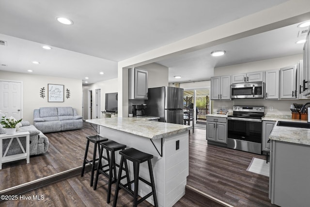 kitchen featuring dark wood-style floors, gray cabinetry, stainless steel appliances, and a sink