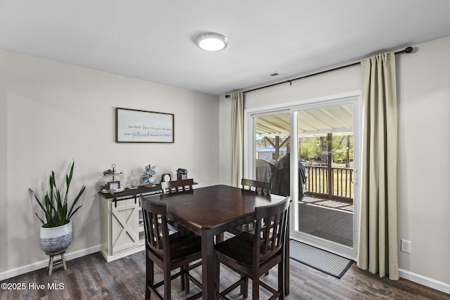 dining space featuring visible vents, baseboards, and dark wood-style floors