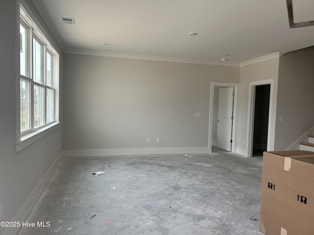 unfurnished room with stairway, baseboards, visible vents, and ornamental molding