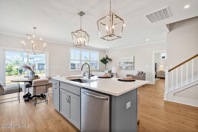 1340 Trisail Ter, Wilmington, NC 28412 - kitchen featuring stainless steel dishwasher, a chandelier, a sink, gray cabinets, and recessed lighting