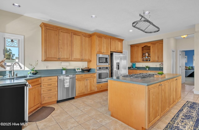 kitchen with light tile patterned floors, open shelves, recessed lighting, a sink, and stainless steel appliances