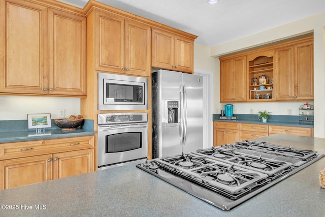 kitchen with open shelves, stainless steel appliances, and dark countertops