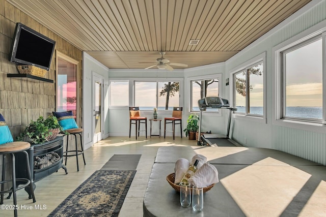 sunroom / solarium with ceiling fan, visible vents, and wooden ceiling