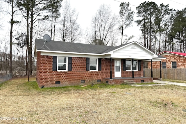 view of front of home featuring brick siding, fence, a porch, a front yard, and crawl space