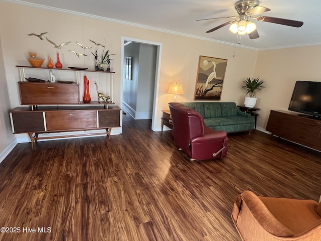 living area featuring ceiling fan, wood finished floors, and ornamental molding