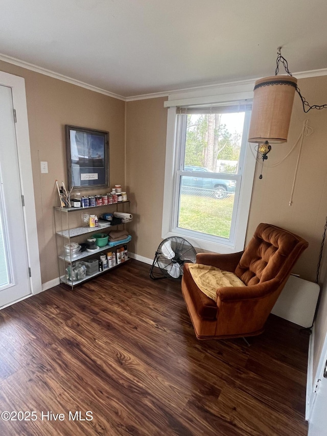 living area featuring baseboards, wood finished floors, and crown molding