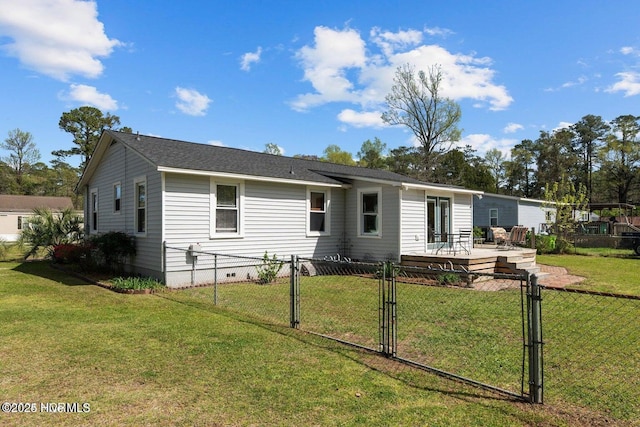 view of front of home with crawl space, a wooden deck, a front yard, and a gate