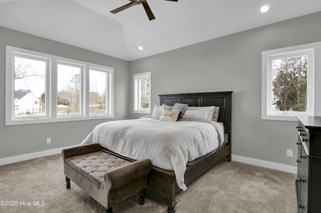 bedroom featuring lofted ceiling, recessed lighting, carpet, and baseboards