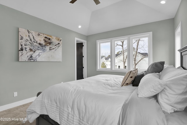 bedroom featuring a ceiling fan, carpet, baseboards, lofted ceiling, and recessed lighting