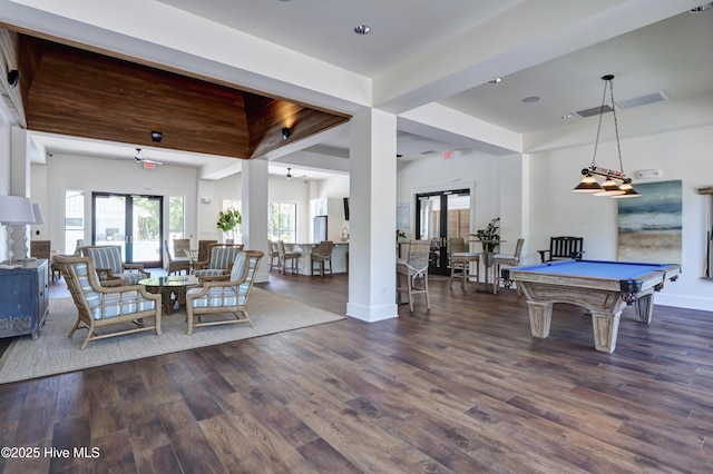 rec room featuring visible vents, billiards, baseboards, and dark wood-style flooring