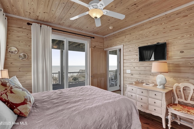 bedroom with wooden walls, wood finished floors, ceiling fan, wooden ceiling, and access to outside