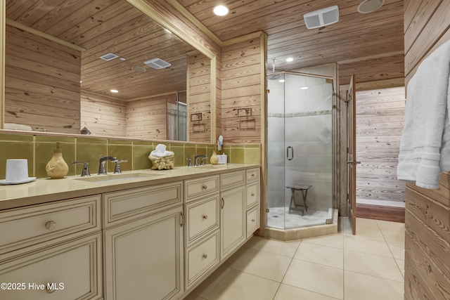 full bathroom featuring tile patterned flooring, wood ceiling, and a sink