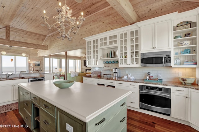 kitchen featuring open shelves, stainless steel appliances, wood ceiling, and a sink