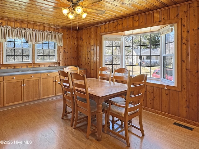 dining space featuring a wealth of natural light, visible vents, wooden ceiling, and wooden walls