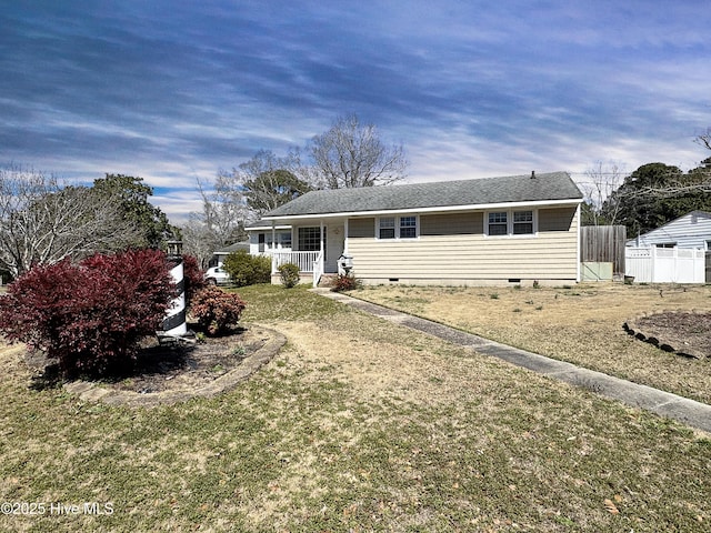 single story home featuring crawl space and fence