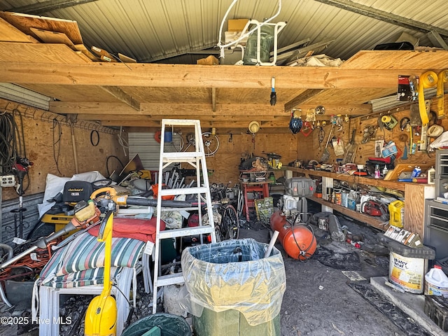 garage with a workshop area