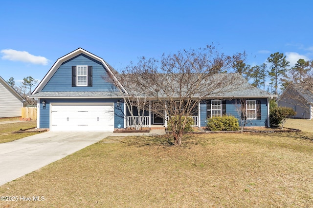 view of front facade with a gambrel roof, concrete driveway, a front lawn, and a shingled roof