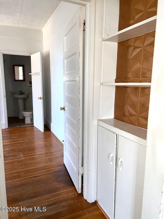 corridor featuring dark wood-style floors, crown molding, and a sink