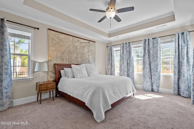 carpeted bedroom featuring visible vents, a raised ceiling, and baseboards