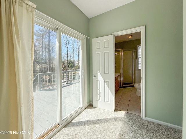 interior space with a wealth of natural light, tile patterned flooring, carpet, and baseboards