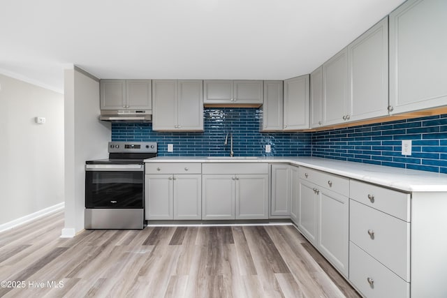 kitchen featuring under cabinet range hood, decorative backsplash, electric stove, light wood-style floors, and a sink