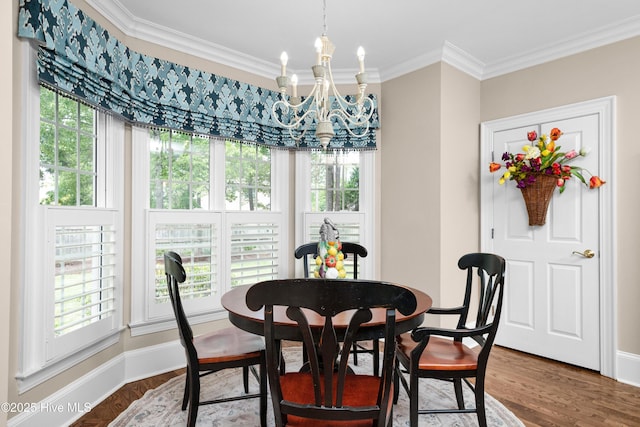 dining room featuring ornamental molding, wood finished floors, a wealth of natural light, and a chandelier