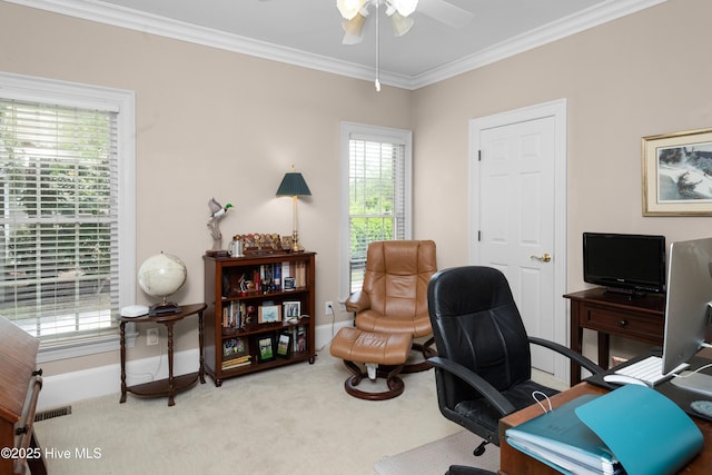carpeted office space with crown molding, a ceiling fan, and baseboards
