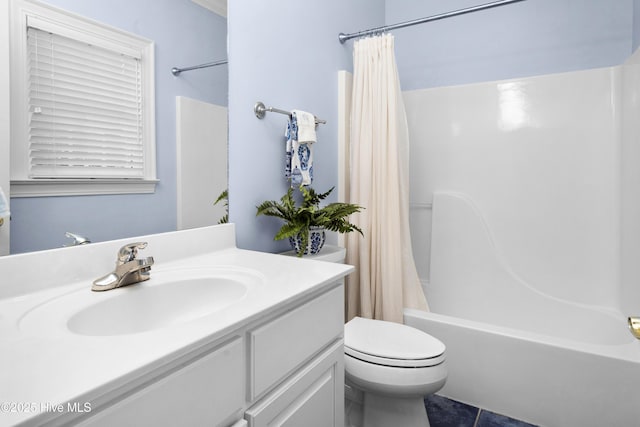 full bath featuring tile patterned floors, shower / bathtub combination with curtain, toilet, and vanity