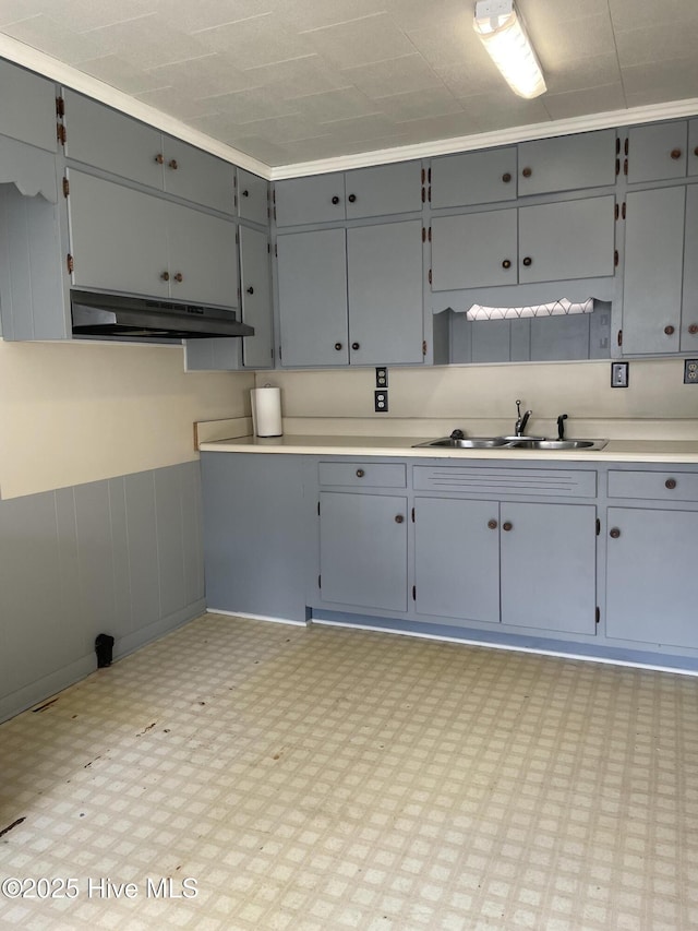 kitchen featuring gray cabinetry, a sink, under cabinet range hood, and light floors