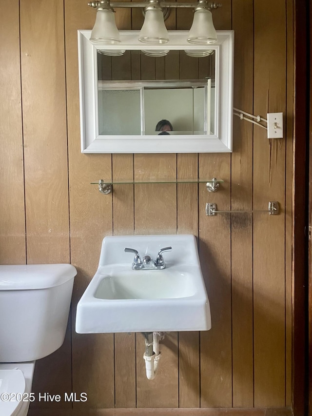 bathroom featuring wood walls, toilet, and a sink