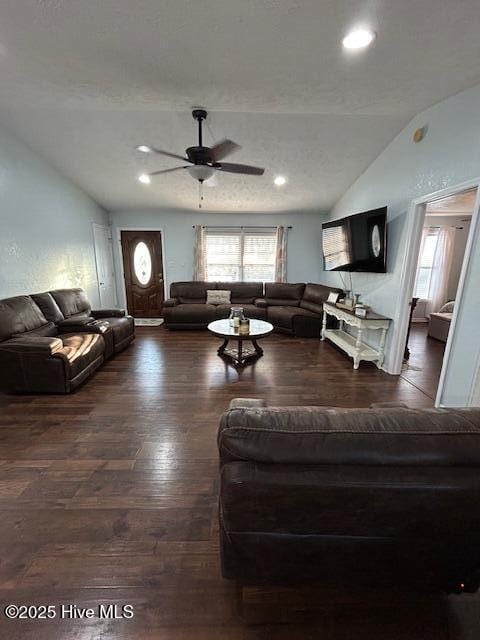 living room featuring recessed lighting, wood finished floors, ceiling fan, and vaulted ceiling