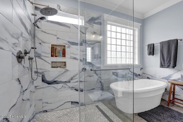 full bathroom featuring a wainscoted wall, a marble finish shower, a freestanding tub, crown molding, and tile walls