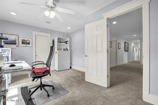 carpeted office with recessed lighting, baseboards, and ceiling fan