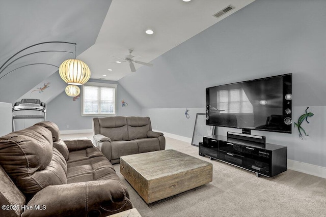 carpeted living area with a ceiling fan, baseboards, visible vents, recessed lighting, and vaulted ceiling