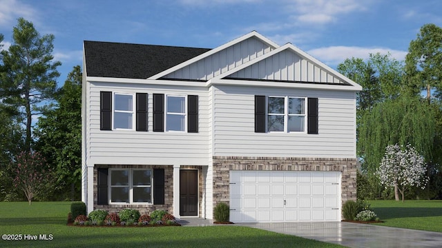 craftsman house featuring stone siding, driveway, board and batten siding, and a front yard