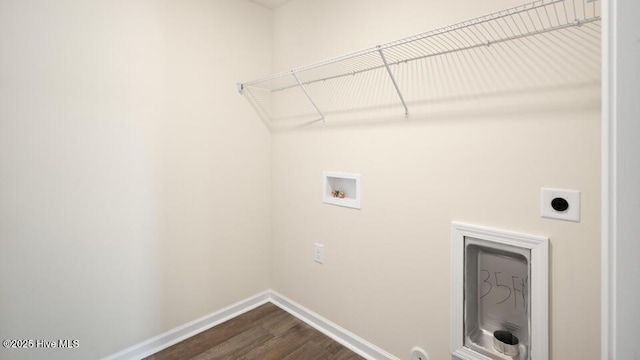 laundry room with baseboards, washer hookup, laundry area, dark wood-style floors, and hookup for an electric dryer