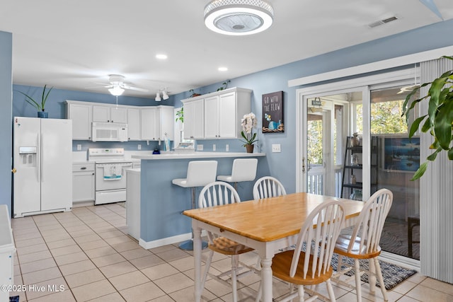 dining space featuring a ceiling fan, visible vents, recessed lighting, and light tile patterned floors